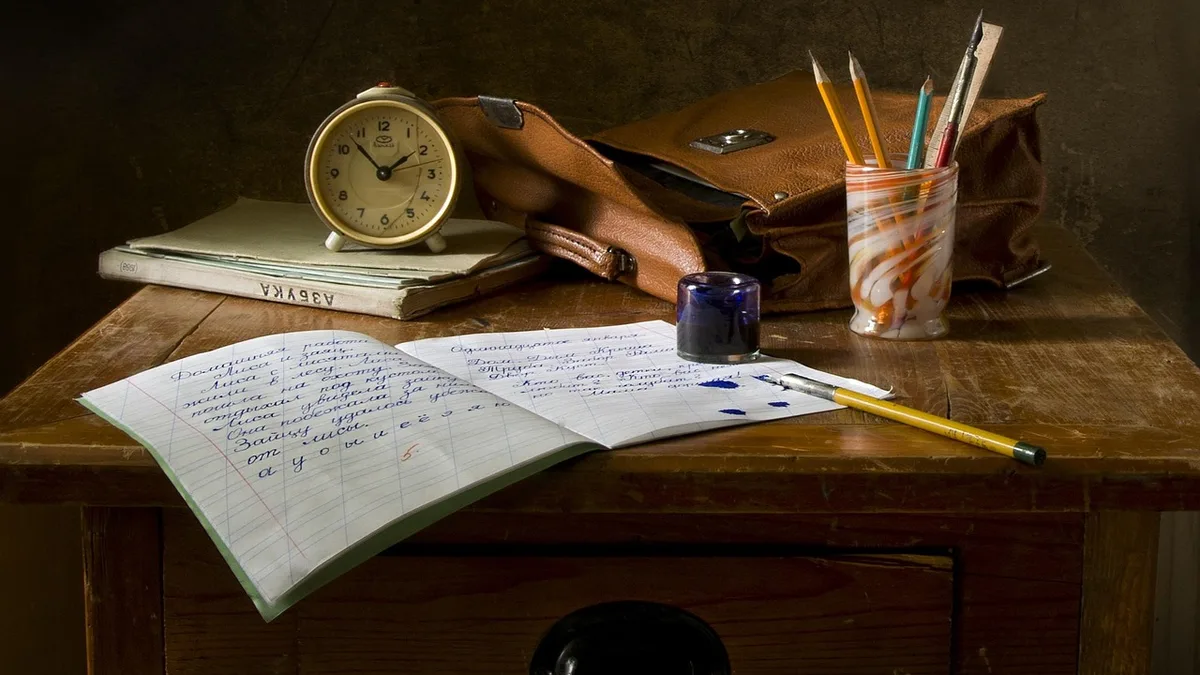 school work, write, still life, assignment, pen, pencils, alarm clock, school bag, notebook, ink, table, desk, study, letter, retro, study, study, study, study, study