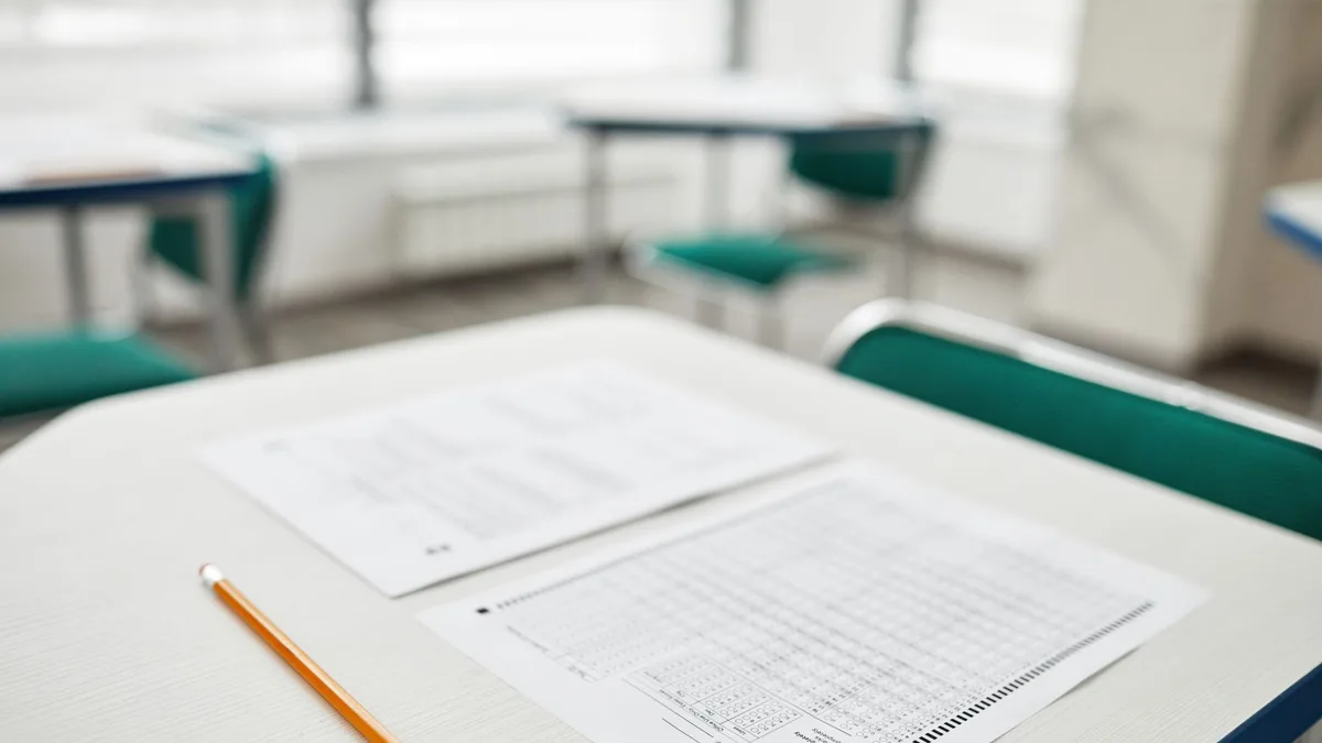Close-up of exam papers and a pencil on a classroom desk, ready for a test.