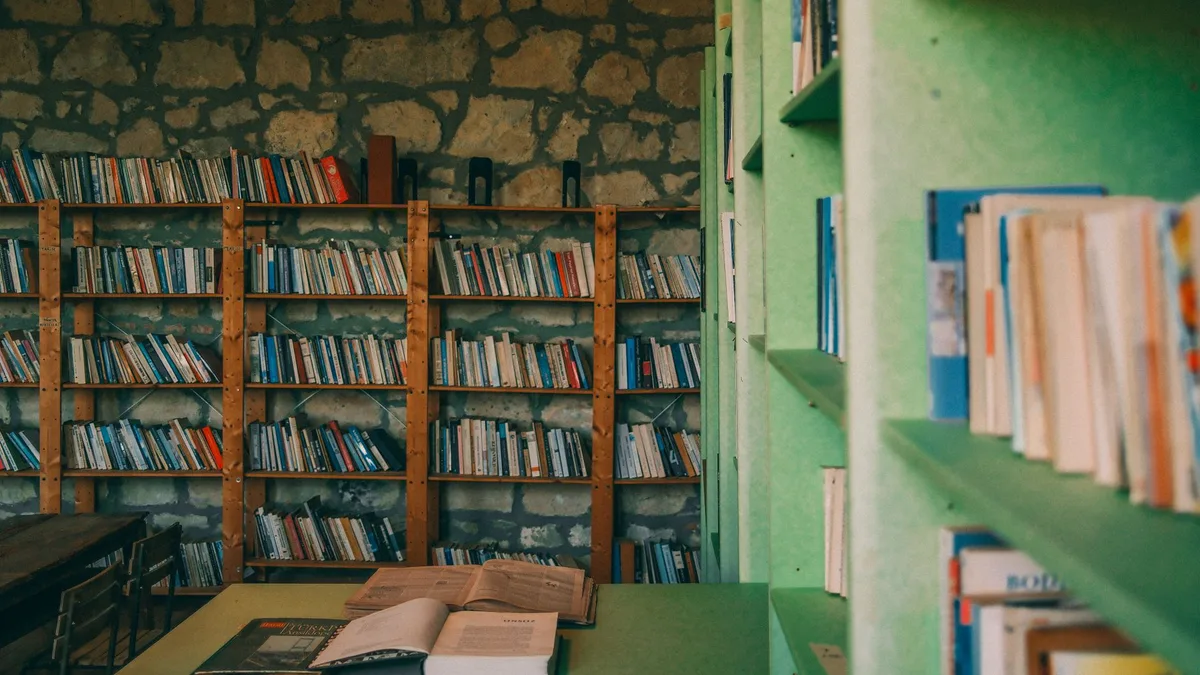 Inviting library room with wooden shelves and open books, creating a cozy reading atmosphere.